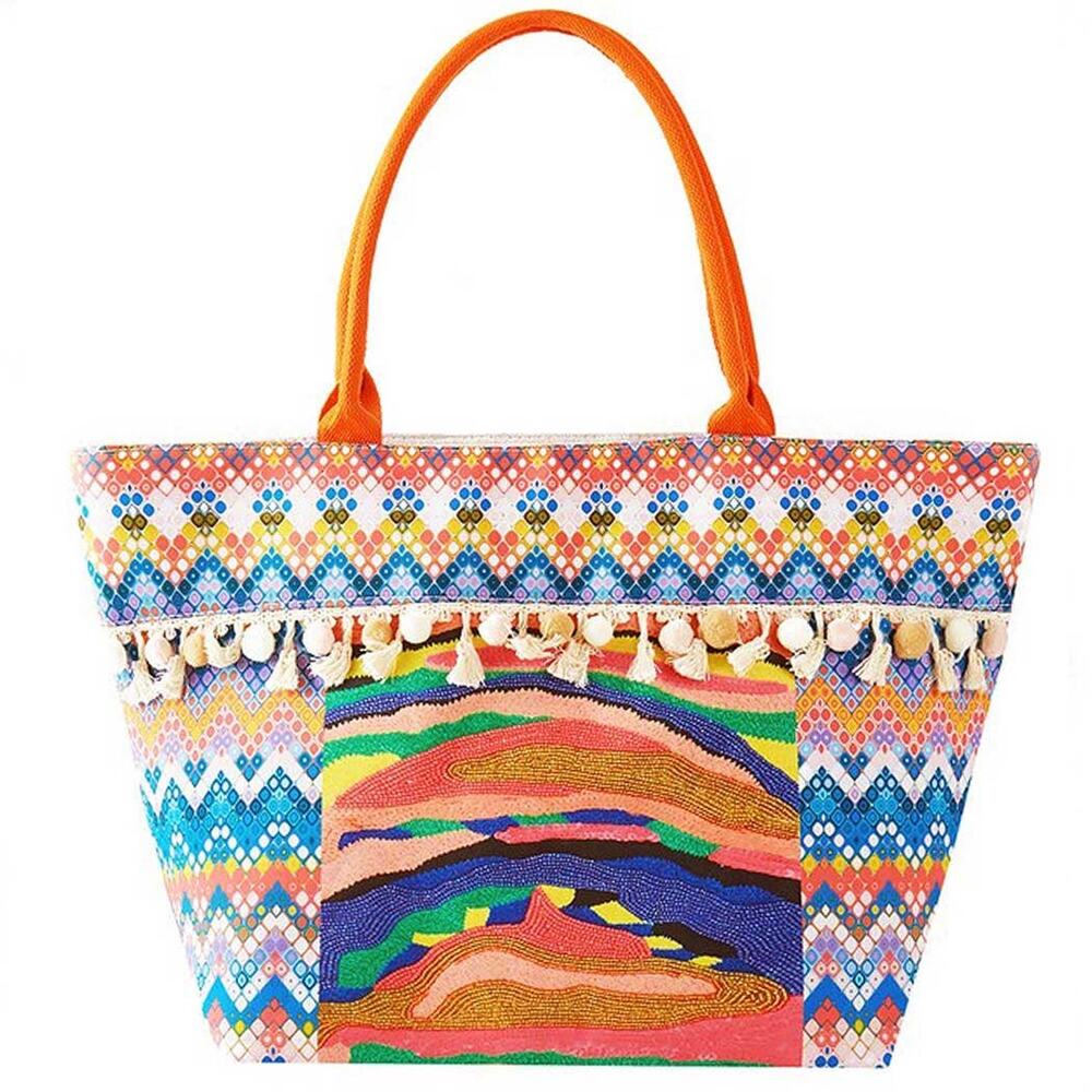 Boho Print Pom Pom Fringe Tote Bag in Multi